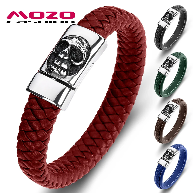 

MOZO Wholesale Prices 2021 Punk Genuine Leather Stainless Steel Fierce Skeleton Bracelet Men New Dropshipping Jewelry 097