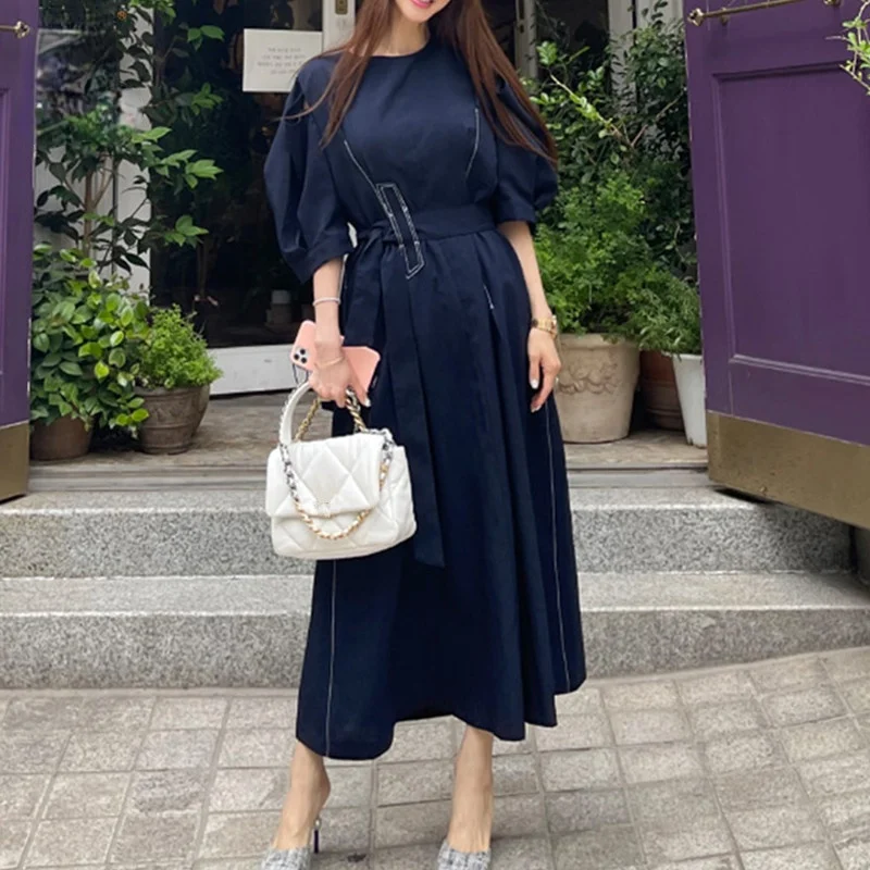 

Женское длинное свободное платье, повседневное летнее платье в Корейском стиле, свободного покроя, с завязкой на талии, 2021