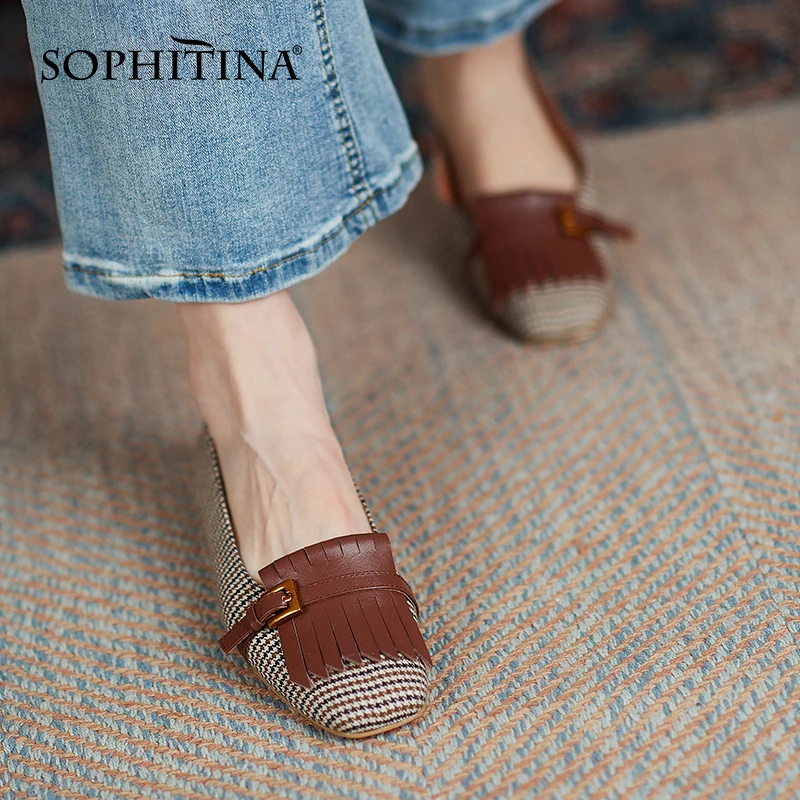 

SOPHITINA Flats Women Casual Retro Tassel Weave Cow Leather Handmade Female Shoes TPR Wild Comfort Soft Fashion Lady Shoes MO990