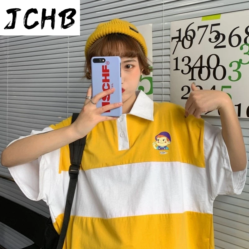 

2021 Turn-down Collars Short-sleeve t Shirt Patchwork Women Tshirt Hip Hop Tops T-shirt New Spring Preppy Oversized Top Tees