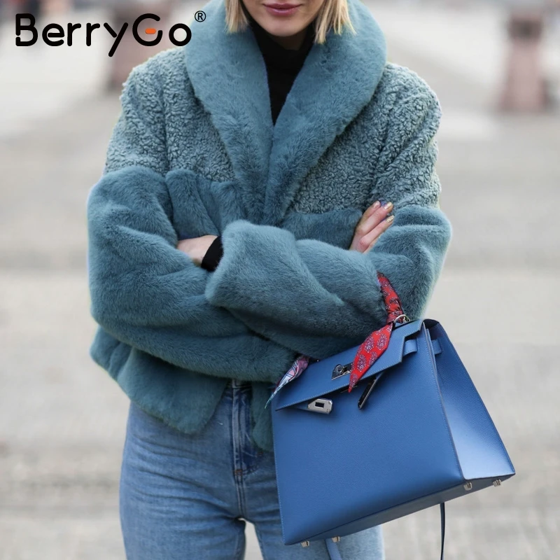 

Женское короткое пальто из искусственного меха BerryGo, элегантная теплая верхняя одежда с пуговицами и пэчворком на осень и зиму