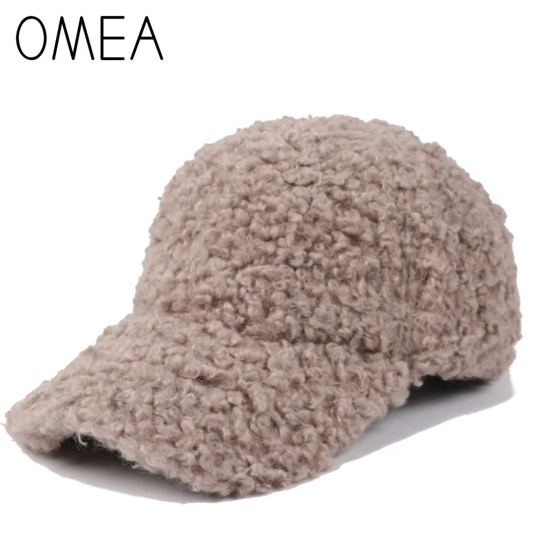 OMEA Lambs Wool Baseball Hat Women Curly Teddy Hair Snapback Cap Pink Hats Adjustable Visor Hat Winter Suede Cap Elegant Fashion