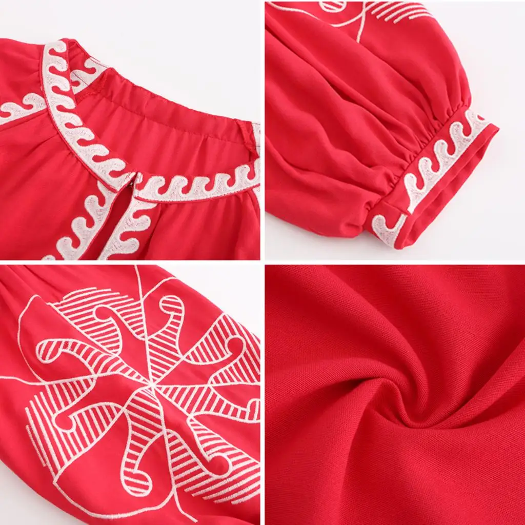 

Jastie 2021 Spring Autumn Women Dress Red Chic Vintage Embroidered Dresses Boho Casual Belt Lantern Sleeve Linen Midi Dress