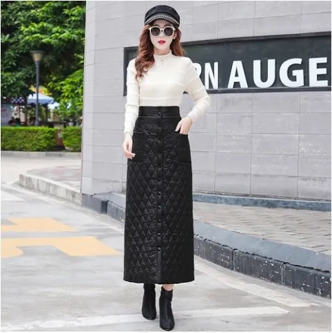 2020 толстые теплые пуховые юбки женские с высокой талией А-линия черная Макси