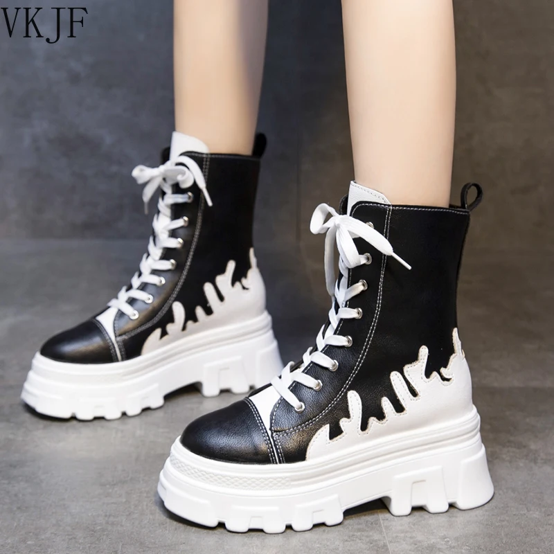 

Женские ботильоны на толстой подошве, разноцветные ботинки из искусственной кожи на платформе, со шнуровкой и высоким берцем, обувь на толс...