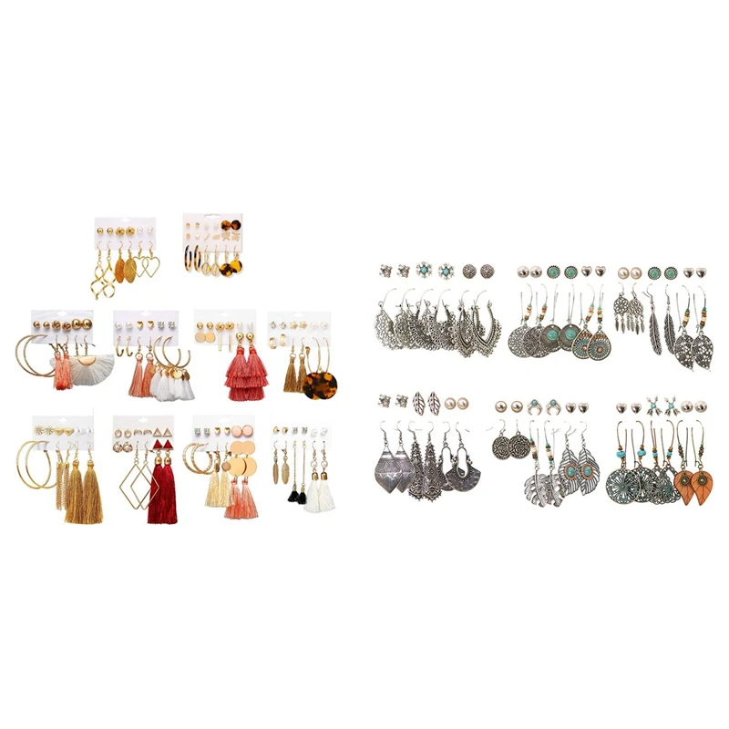 

63 Pairs Colorful Earrings with Tassel with 36 Pairs Fashion Vintage Drop Dangle Earrings Set