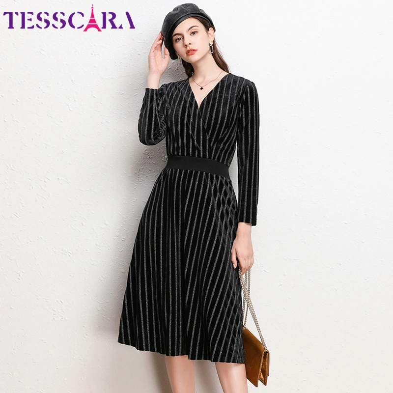 Женское осеннее элегантное бархатное платье TESSCARA в полоску женское дизайнерское