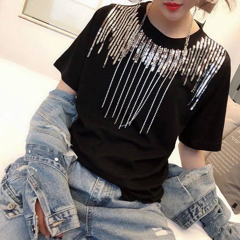 Sequined Rhinestone Fringed T-shirt Short-sleeved Women's Summer New Loose Korean T Shirt Black White Tees Fashion Tide WA169