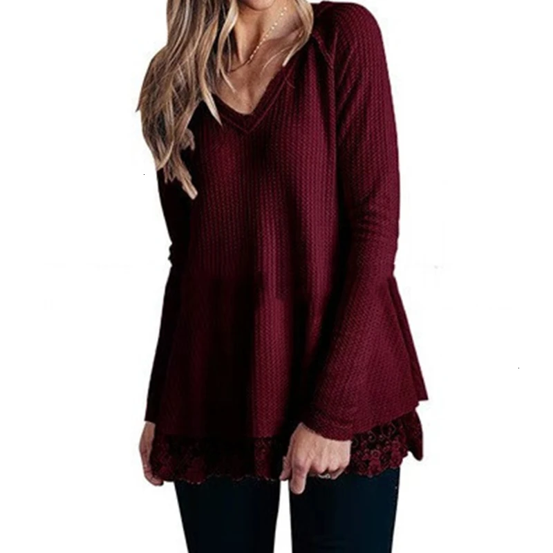 Вафельная тканевая рубашка для беременных женщин с кружевным подолом Одежда