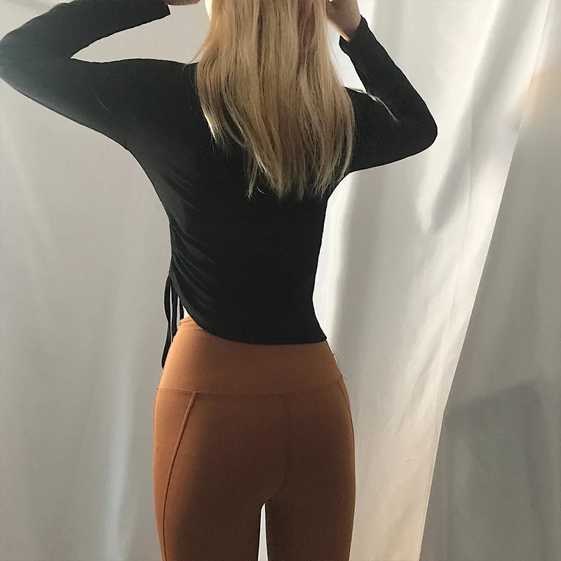 Спортивный топ Oyoo Pink Draw String черные футболки для бега с длинным рукавом хлопковый