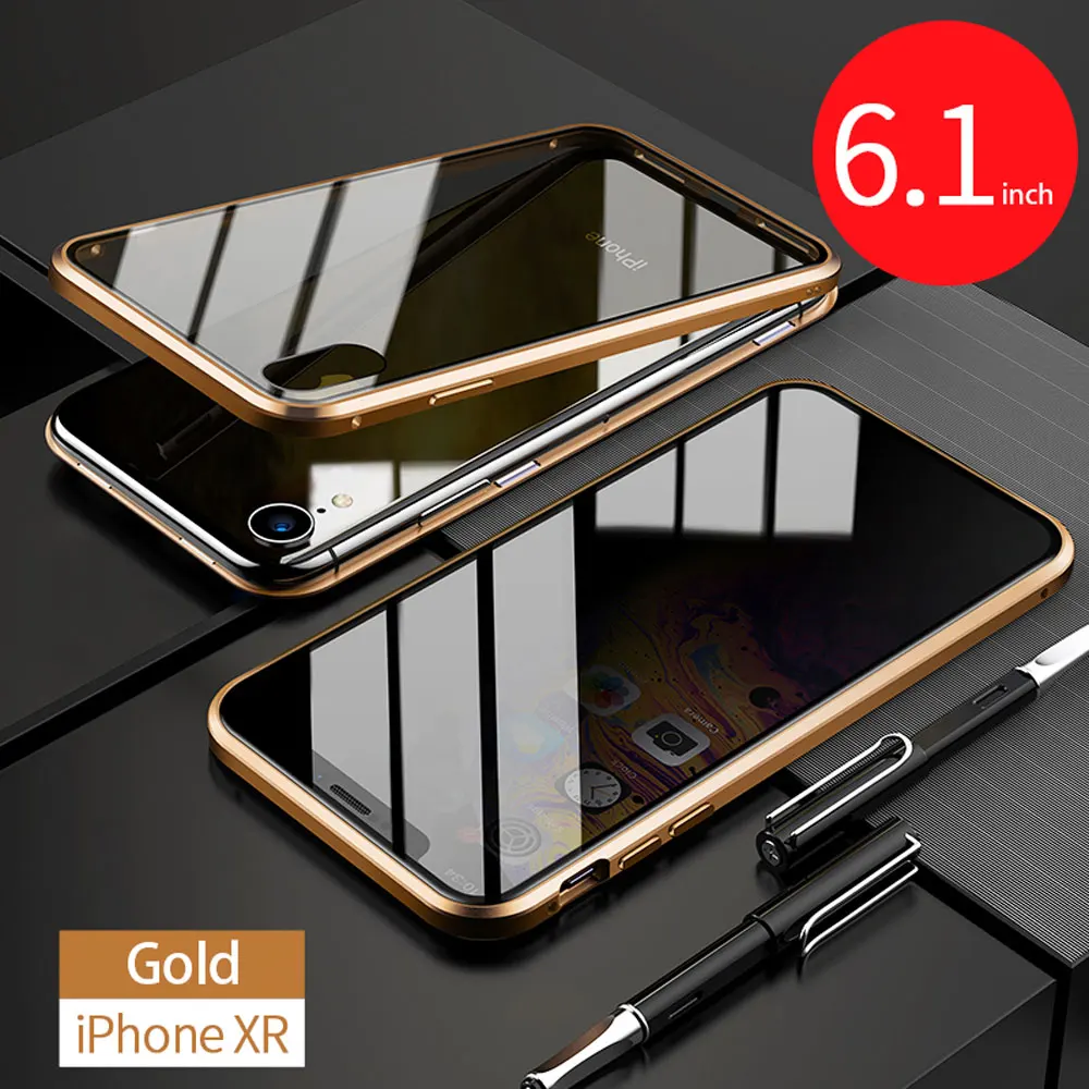 Gold Магнитный чехол 360 градусов для IPhone X XS MAX 7 6 6splus 8 PLUS, двухсторонний, полный ударопрочный защитный прозрачный чехол - Цвет: Gold