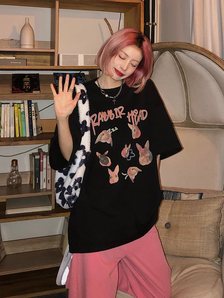 Женская футболка с коротким рукавом черная свободная в Корейском стиле Новинка