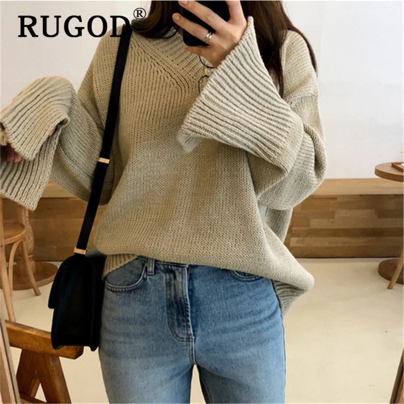 RUGOD 2019 корейский свитер женский элегантный с v-образным вырезом плотный зимний