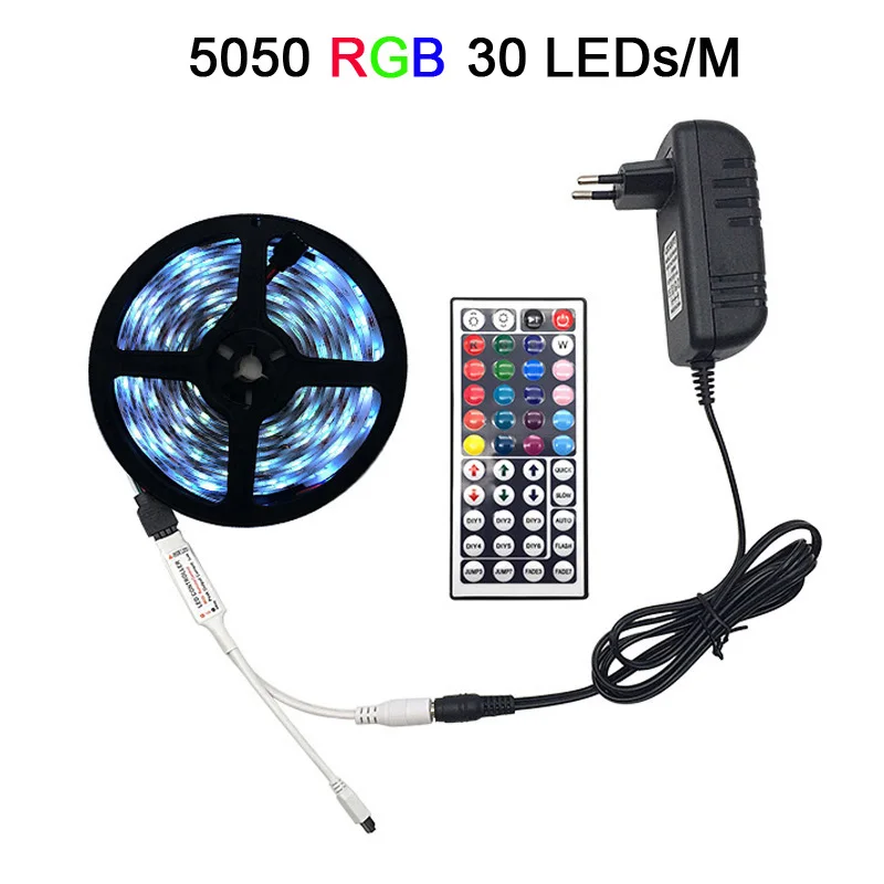 Светодиодный светильник RGB 5050 SMD 2835 гибкая лента fita светодиодный светильник RGB 5 м 10 м 15 М лента диод DC12V 60 светодиодный s 1 м+ управление+ адаптер - Испускаемый цвет: RGB 5050 30LEDs 1M