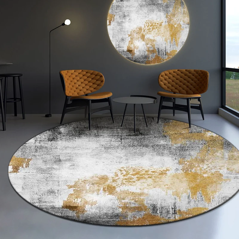 

Modern Nordic Round Carpet 120/200cm For Living Room Abstract Golden Grey White Pattern Carpet Children Room Non Slip Area Rugs