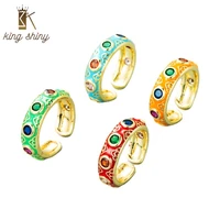 king shiny ethnic enamel copper open rings for woman 18k gold plated micro cubic zirconia adjstable copper finger ring girl gift