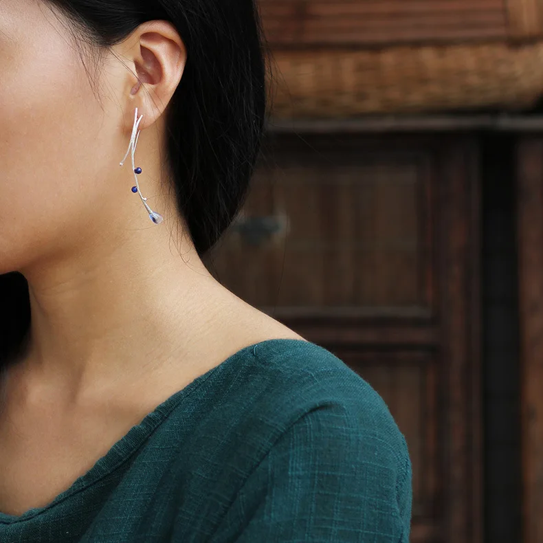 Оригинальные длинные серьги из 100% стерлингового серебра 925 пробы с натуральным