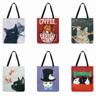 Повседневная льняная пляжная сумка-тоут с принтом милого кота, женская сумка-тоут с мультипликационным изображением Мяу, многоразовая сумка для покупок