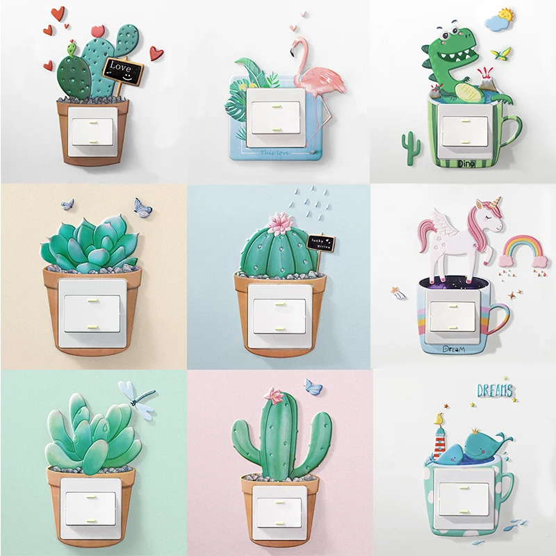 

Cartoon animal Plant succulent cactus flamingo unicorn decoration switch sticker Wall Sticker room decor Bedroom kids room