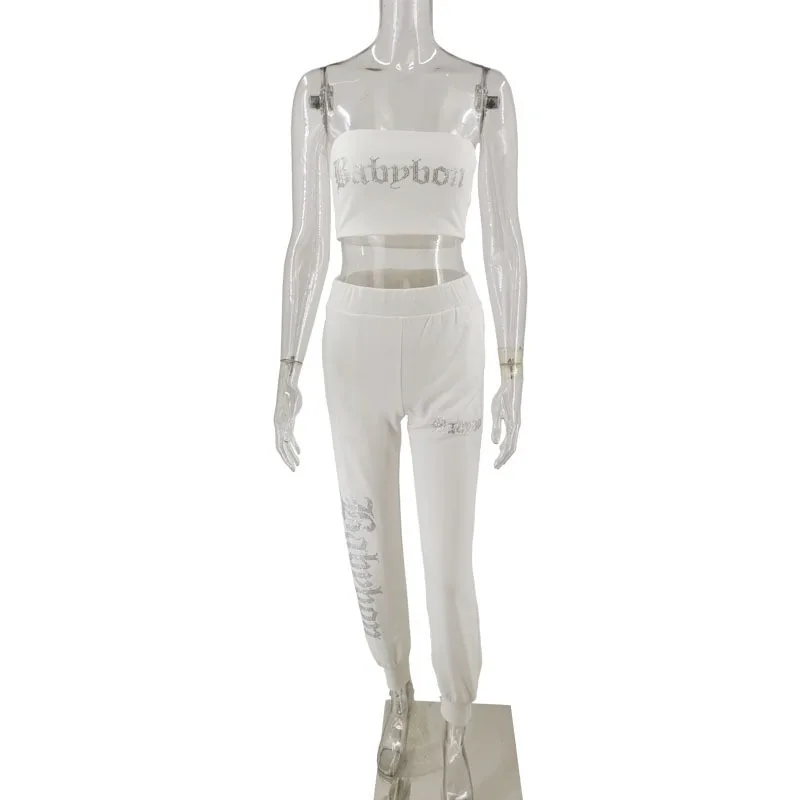 

Summer Diamond Two Piece Set Crop Tube Top and Tracksuit Joggers 2 Piece Set Rhinestones Jogging Long Track Pants Suits Women