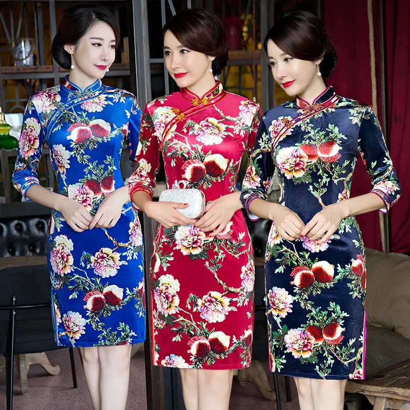 

Burgundy Lady Print Flower Wedding Party Rayon Cheongsam Vintage Mandarin Collar Formal Prom Gown Slim Chinese Dress Mini Skirt