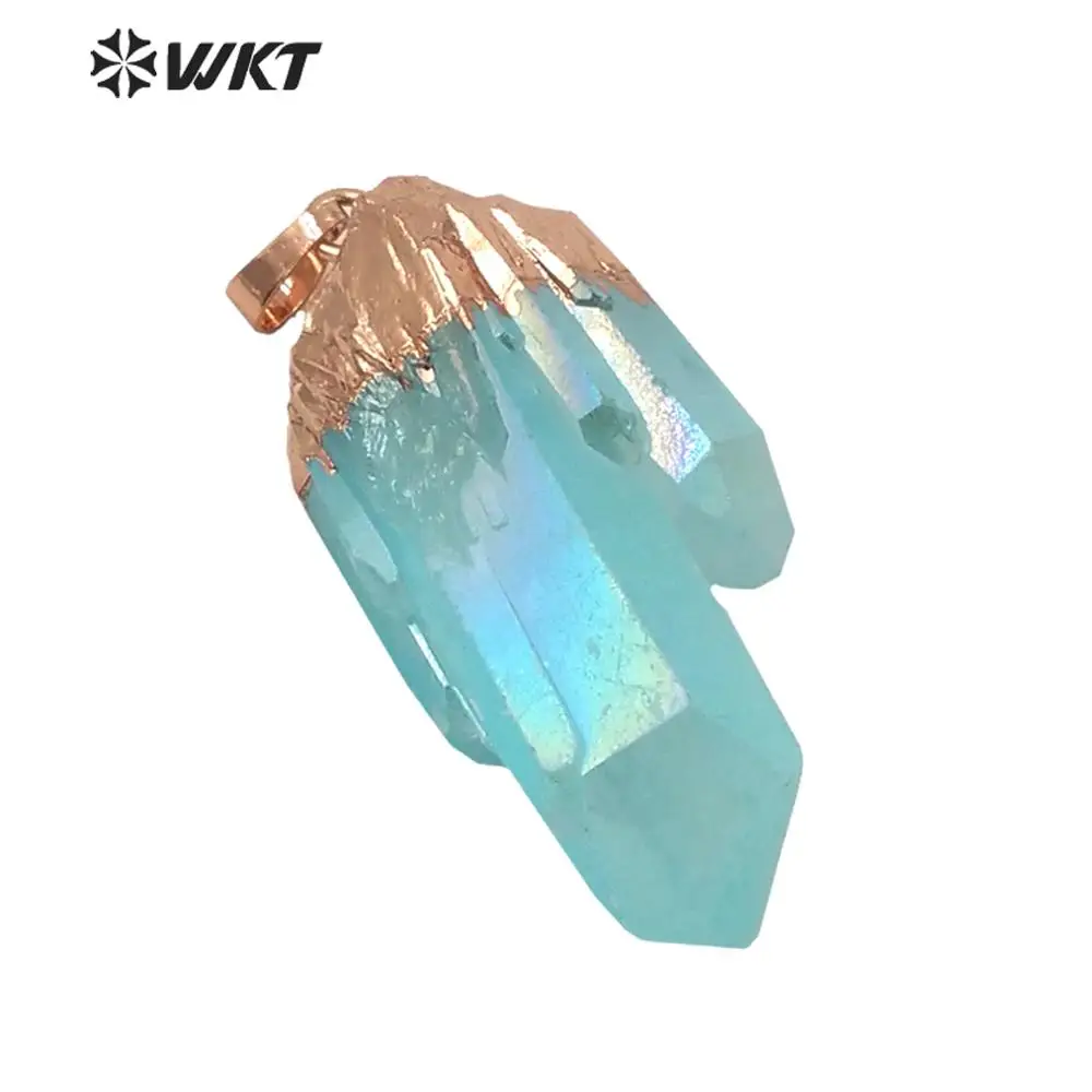WT-P1610 Amazing light Aqua aura crystal pendant women fashion rose gold spirit quartz point Aqua stone pendant in natural