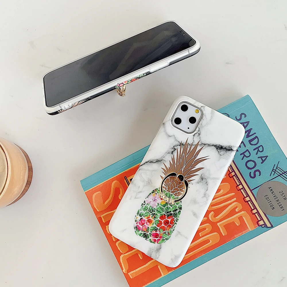 Gilded Pineapple Marble Finger Ring Phone Case For iPhone 11 Pro Max XR XS X 7 8 6S Plus Soft IMD Cover Bag | Мобильные телефоны и