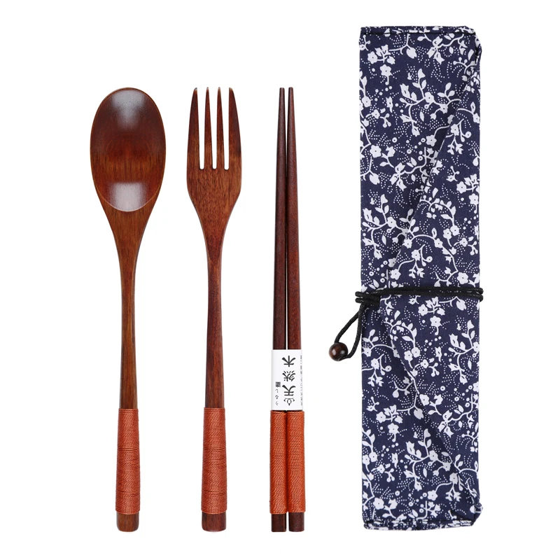 

Portable Tableware Camping Outdoor Travel Wooden Cutlery Set Home Use Bamboo Flatware Spoon Fork Knife Set With Bag