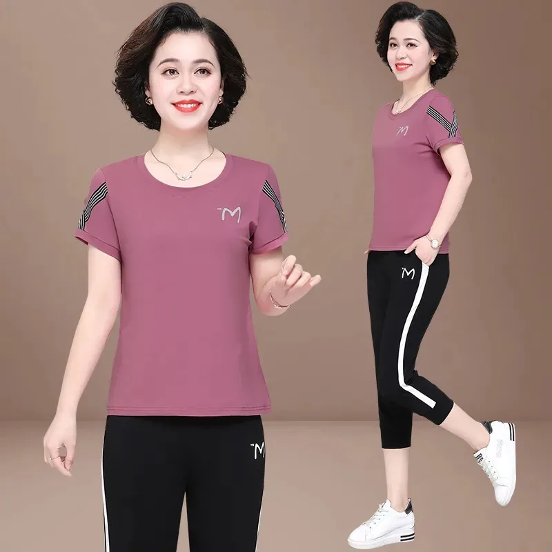 

Fashion short sleeves t shirts top+Elastic Waist pant Summer Solid Cotton two piece tracksuit mom outfits Casual plus size sets