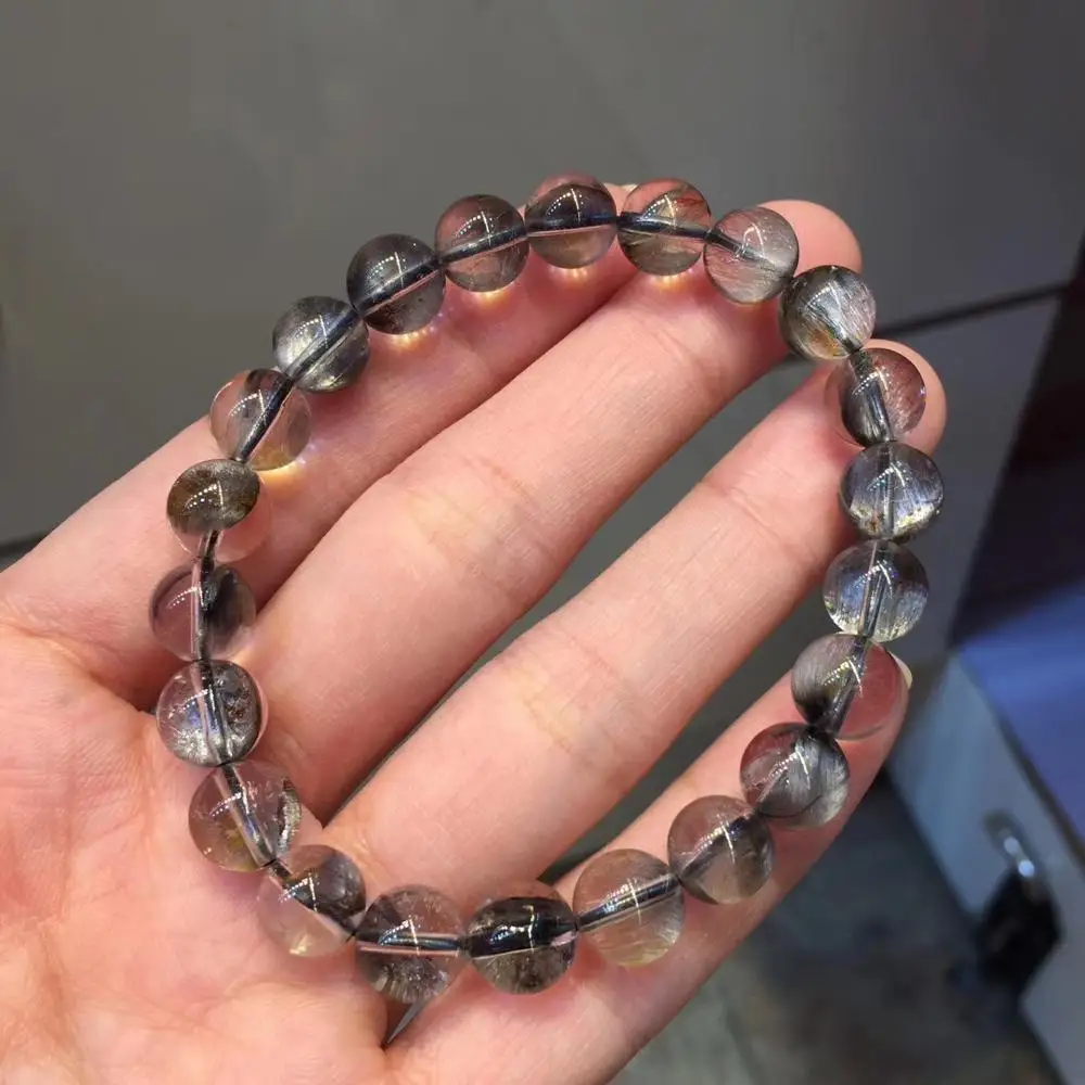 

Natural Brookite Platinum Silver Rutilated Quartz Bracelet 8.5mm For Woman Men Clear Round Beads Gift Crystal Stretch AAAAA