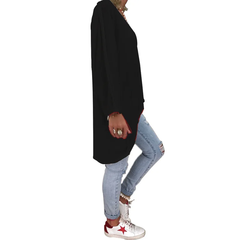 Длинная футболка Женская осенне-зимняя одежда Карманы v-образный вырез