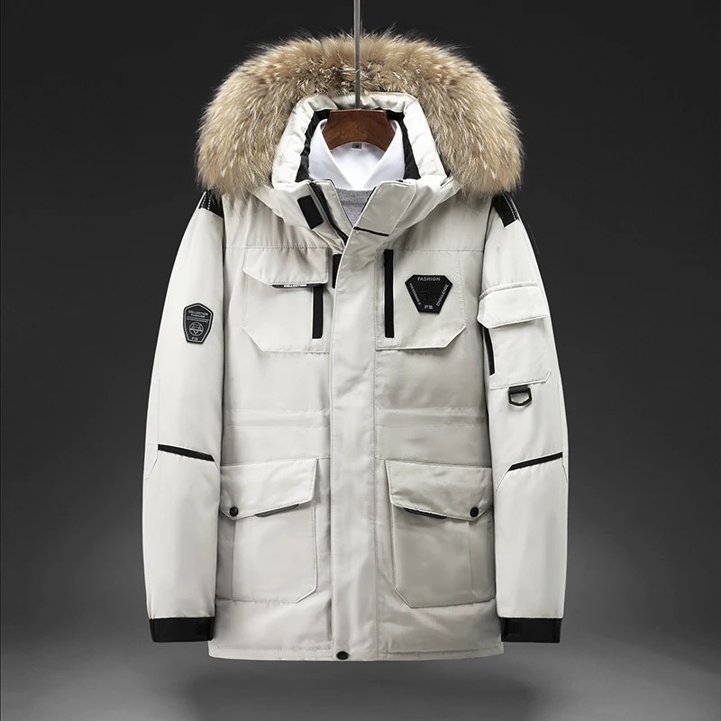 Print Winter Solid Color Parkas White Duck Down Men's Stand Collar Warm Thick Jacket Male Detachable Hat Casual Parka Coat