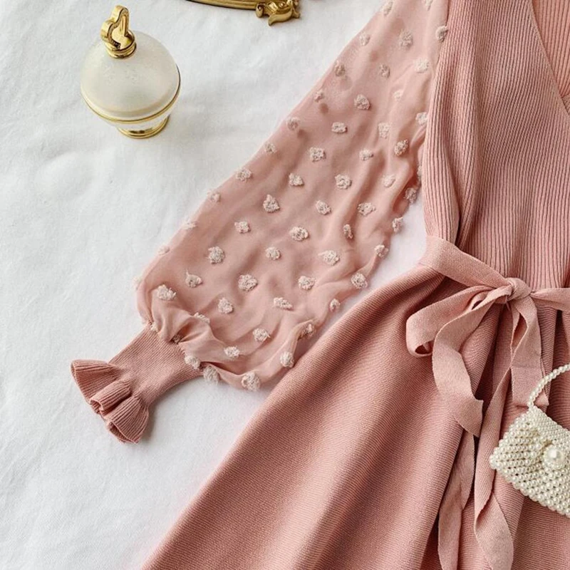 

Romantic Women Knitted Pink Party Dress 2019 Fall Winter V Neck Elegant Chiffon Long Sleeve Sashes Dress Ladies Dress