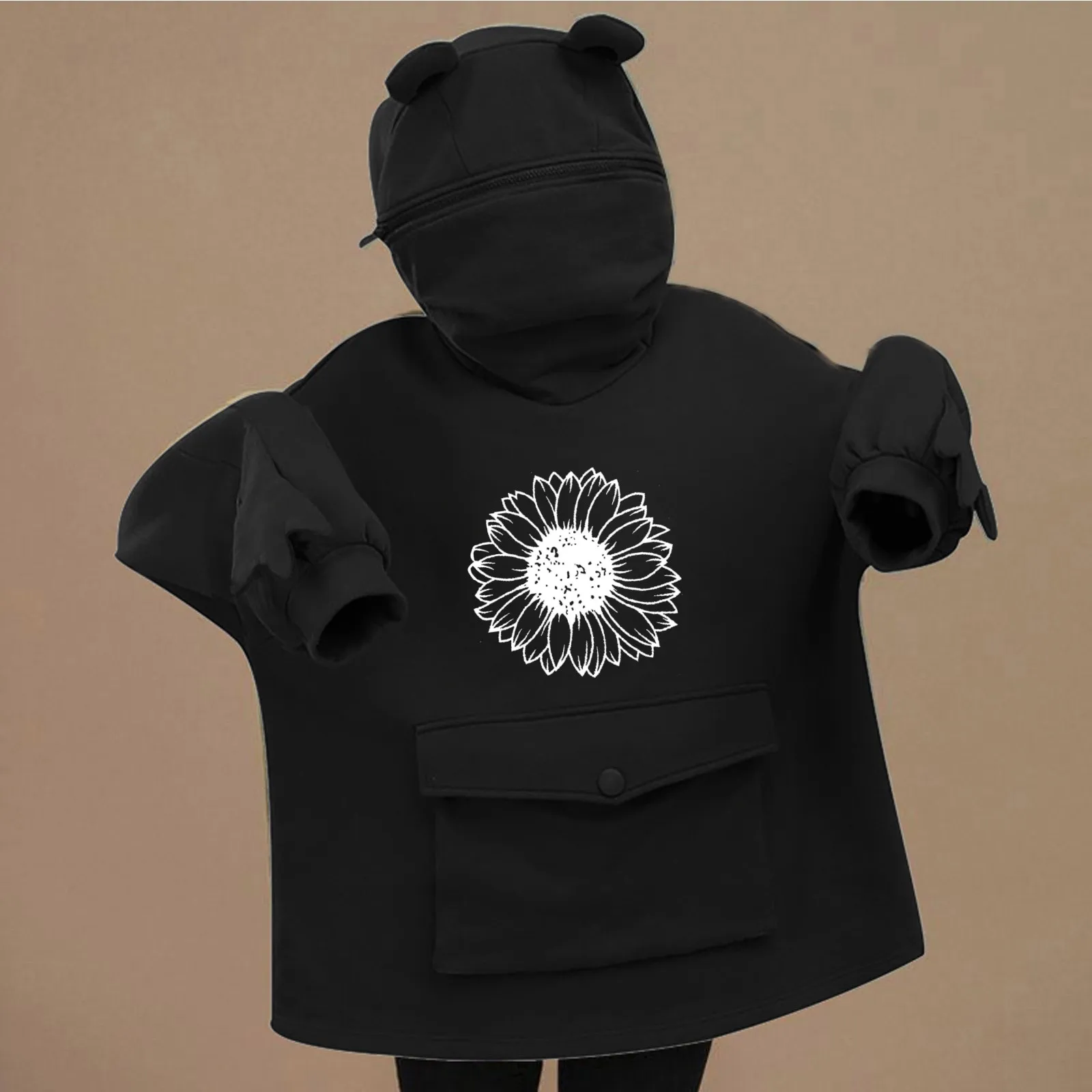 Harajuku Hoodie Women Long Sleeve Kawaii Cartoon Frog-design Flower Prints Pockets Goth Women Sweetshirts Pullover Hoodies
