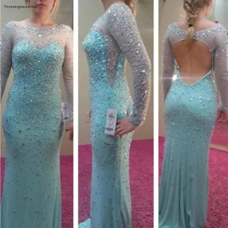 

Light Sky Blue Prom Dress Luxurious Long Sleeves Backless Beaded Party Gown