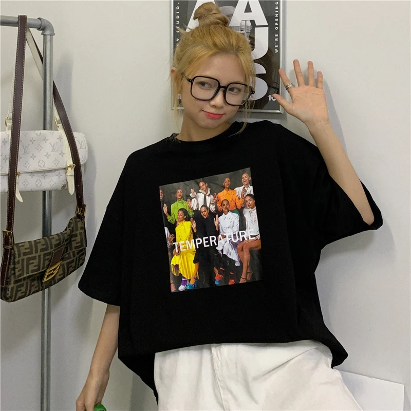 

Preppy Style Cartoon White Short-Sleeved T-shirt Female Ins Super Popular Korean Style Loose All-Match Mid-Length Blouse Missing