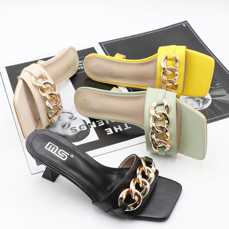 

36-41 Women Sandals Summer New Style Contracted Fine Heel Slipper Female One Word Belt Fashionable 7cm High-Heeled Shoes