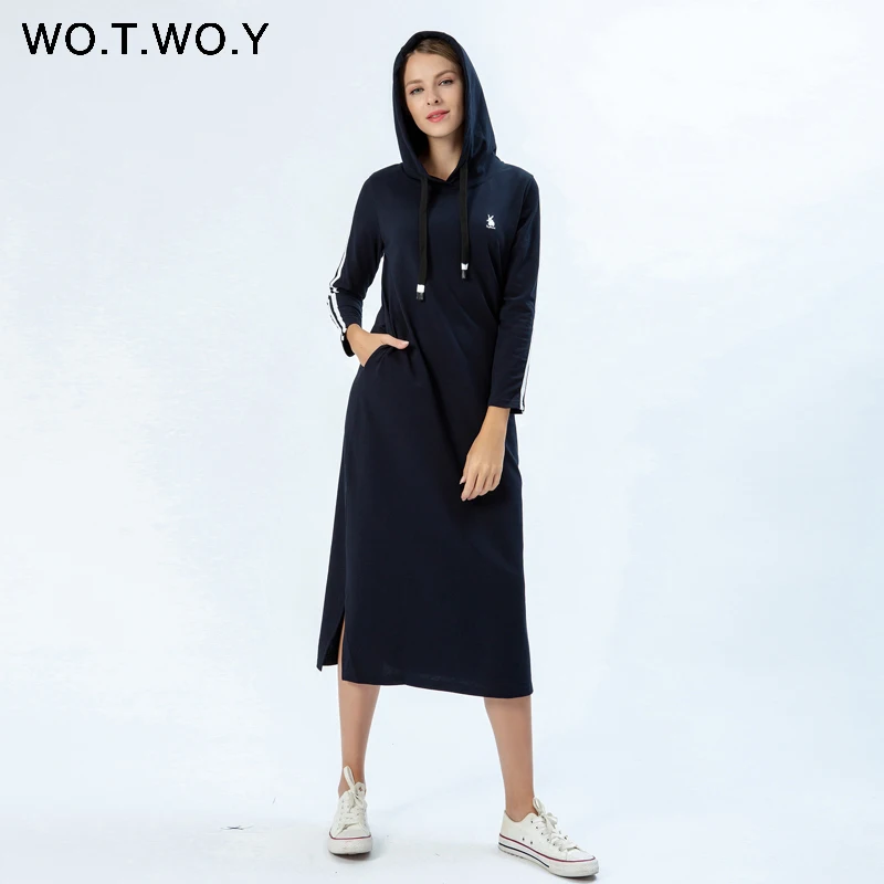 Платье с капюшоном WOTWOY повседневное Хлопковое платье до середины икры карманами