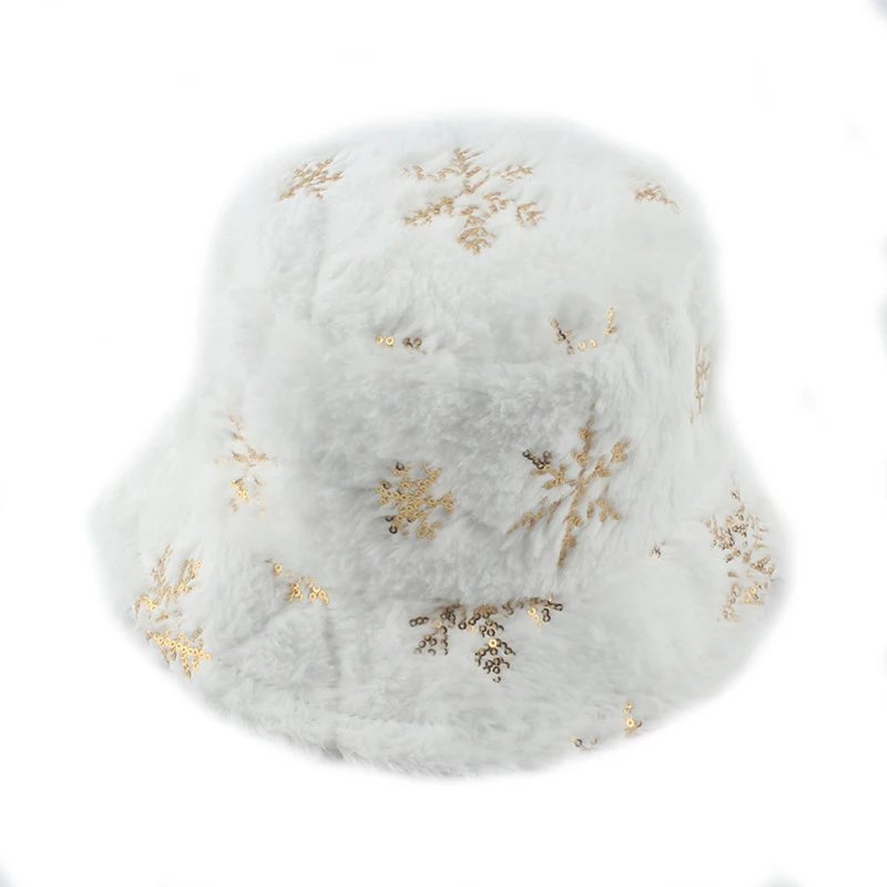 

Silver Sequins Autumn and Winter New Lamb Wool Fisherman Hat Plus Velvet Warm Christmas Sequined Snowflake Flat Top Basin Hat