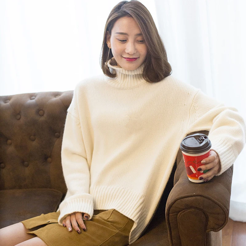 

Autumn winter new cashmere sweater women's plus size thick turtleneck solid color loose lazy knitted pullover bottoming shirt