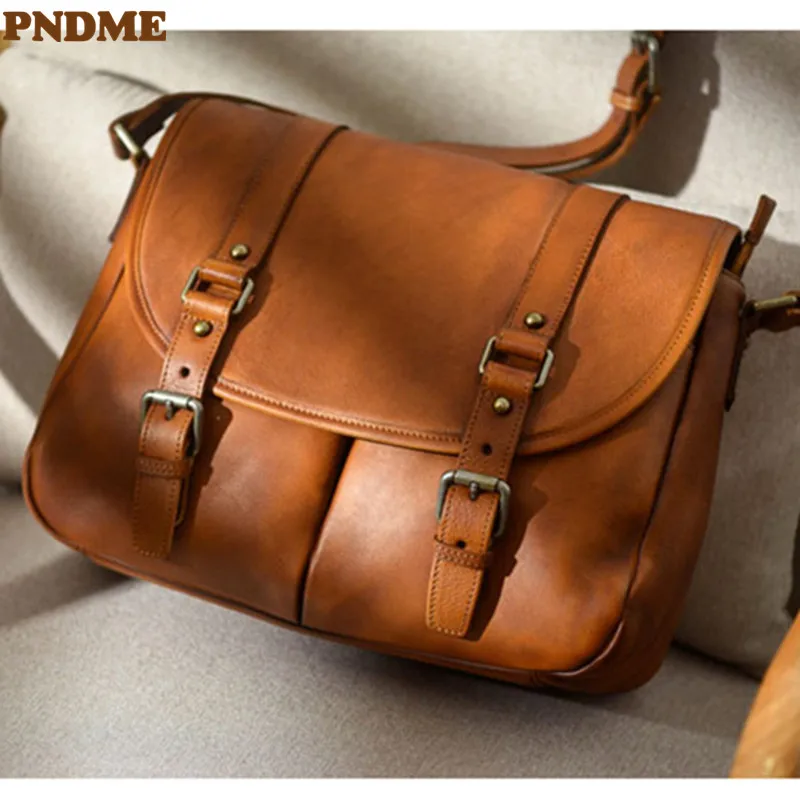 PNDME casual natural genuine leather men's messenger bag for weekend outdoor daily work luxury real cowhide tablet shoulder bag