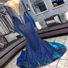 Женское вечернее платье с длинным рукавом, синее блестящее платье-Русалка с бахромой и бусинами, платье для выпускного вечера, 2020