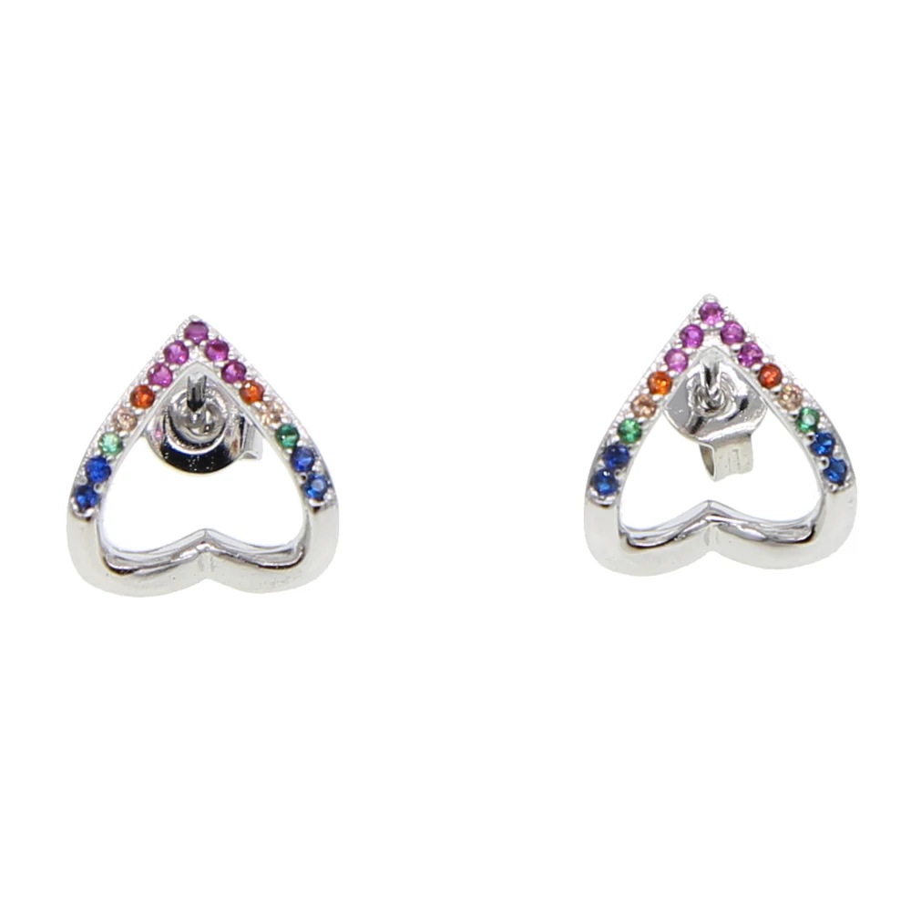 Разноцветные прозрачные серьги-гвоздики с фианитами в форме сердца уникальные