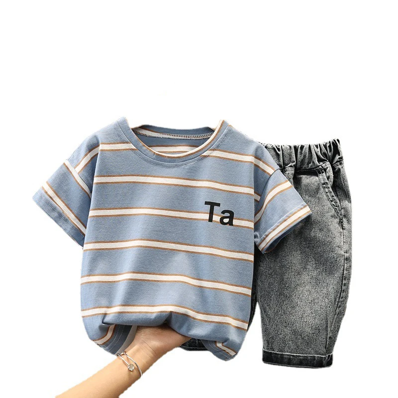 

Children Clothing Sets Baby Boys Casual Clothes Toddler Infant Short Sleeve Srtipe T Shirt Denim Shorts Kids Outfit