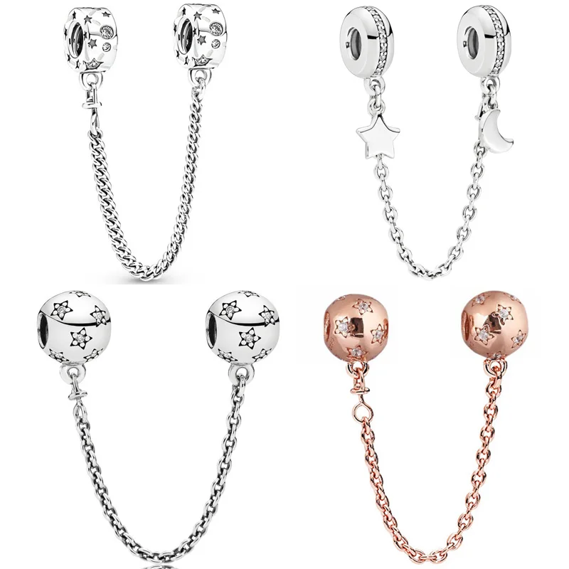 

Original 925 Sterling Silver Charm Sparkling Moon Stars & Galaxy Starry Night Safety Chain Bead Fit Popular Bracelet DIY Jewelry