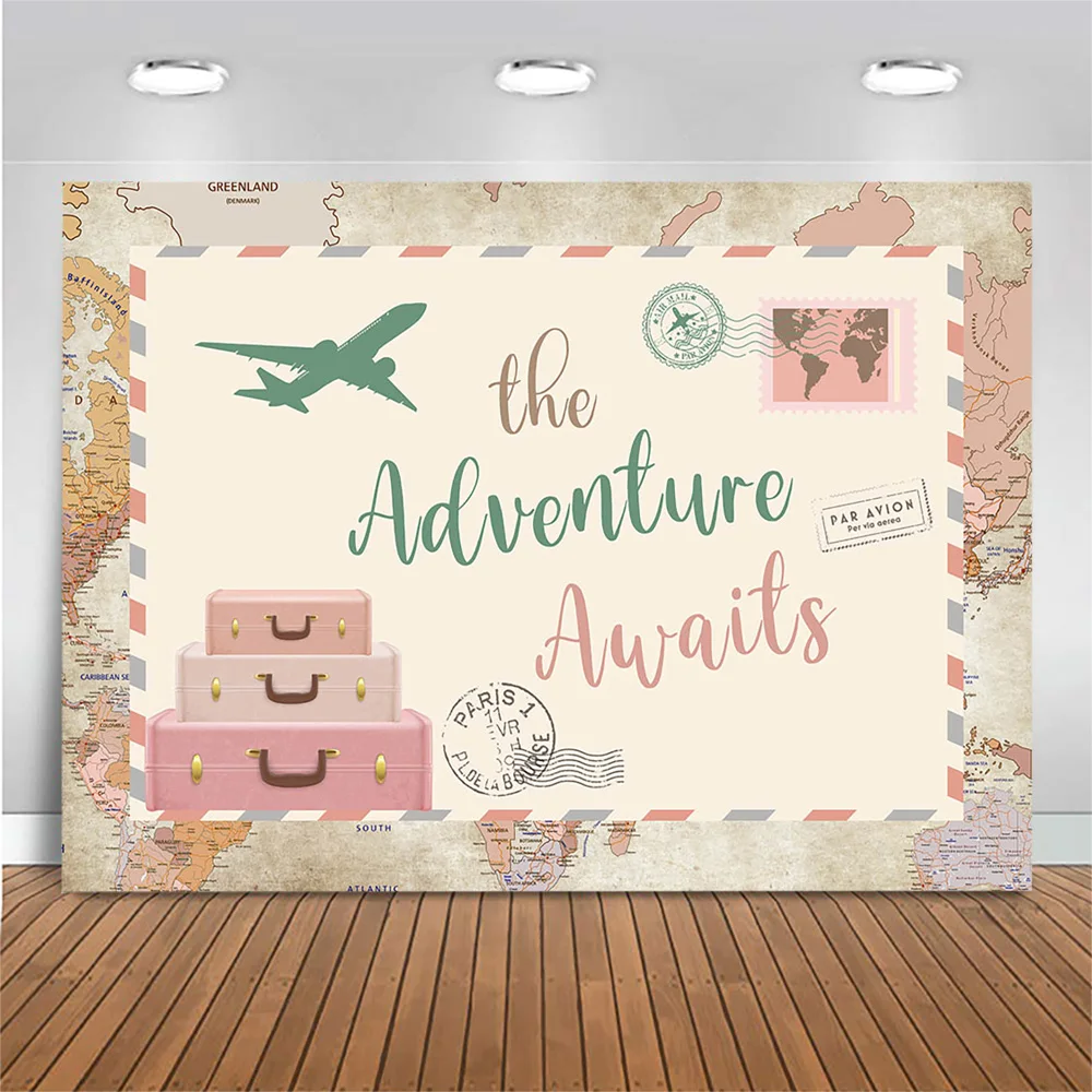 

Mocsicka Adventure Awaits Theme Backdrop Travel Map Stamp Airplane Newborn Birthday Adventure Party Photo Background Decor Props