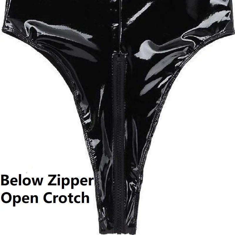 Размера плюс застежка молния с открытой промежностью кожаный женский боди