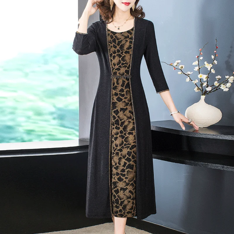 

Spring Patchwork Leopard Print Dress Women M-5XL Plus Size Three Quarter Sleeve Dresses Vintage Fake Two Mom's Dress Vestidos