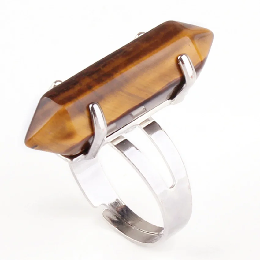 

100-Unique Silver Plated Resizable Opening Hexagon Column Natural Tiger Eye Stone Ring For Anniversary Jewelry