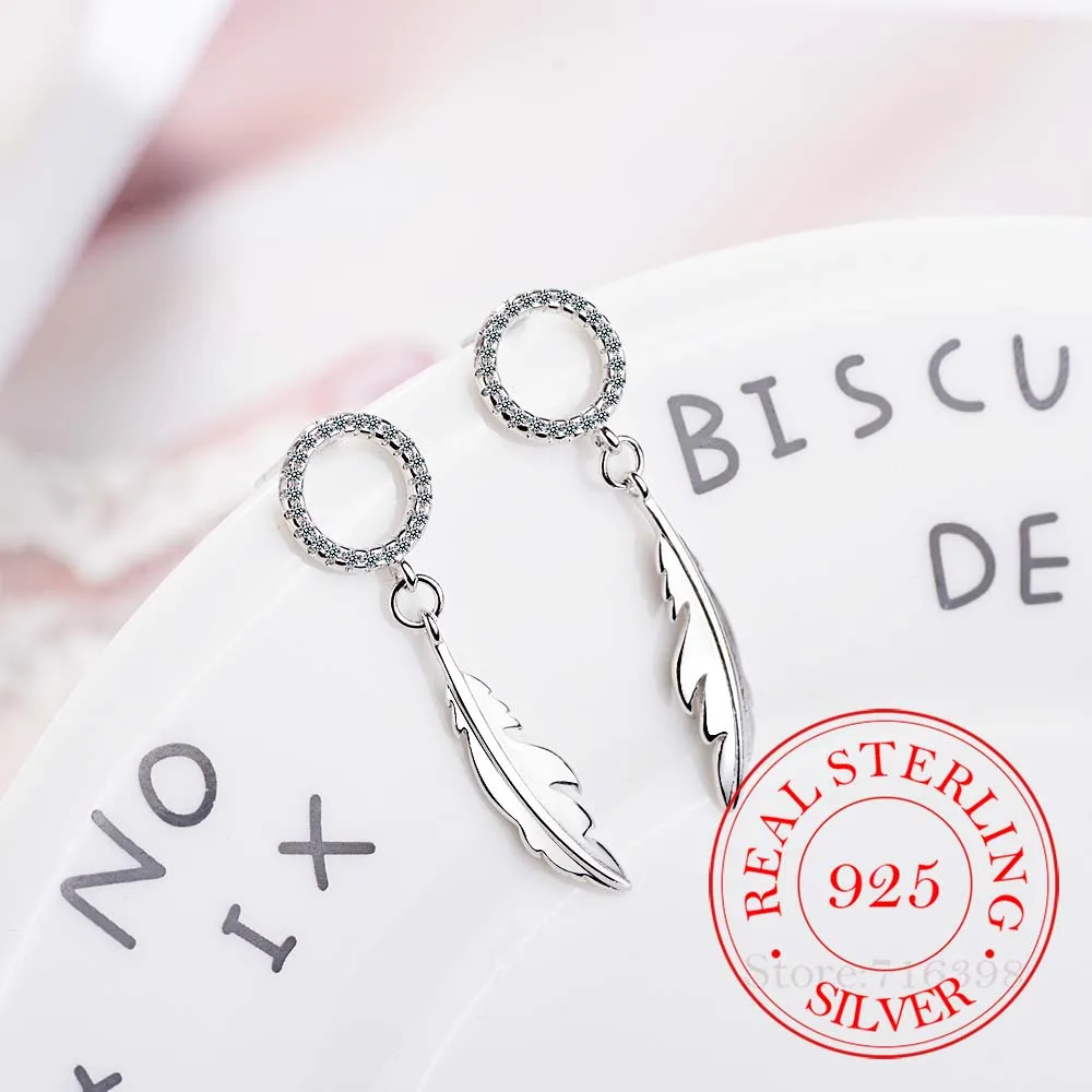 

925 Sterling Silver Piercing Crystal Round Feather Shape Drop Earrings for Women Gift Jewelry female Ear pendientes